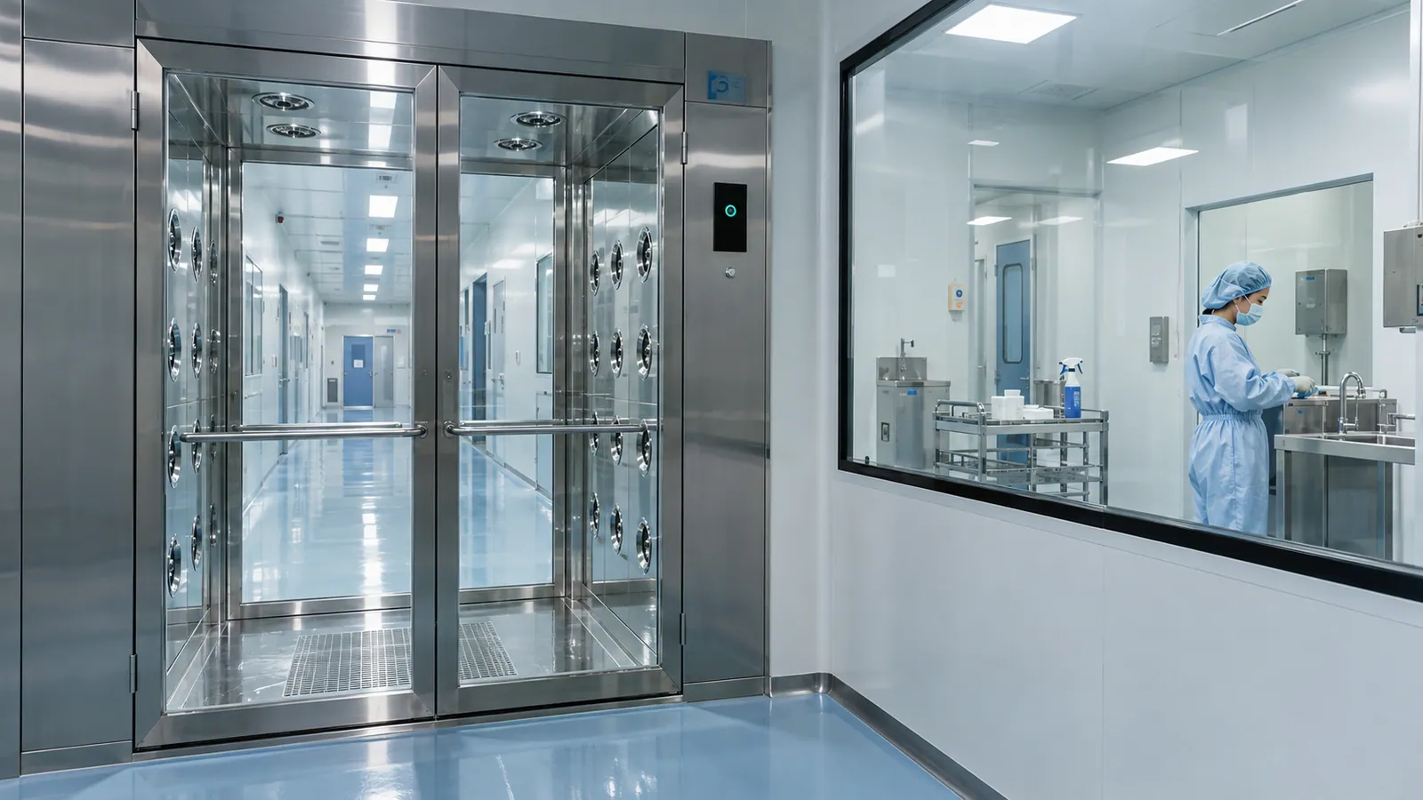 Clean manufacturing entrance with an air-shower chamber and hygienic stainless-steel corridor