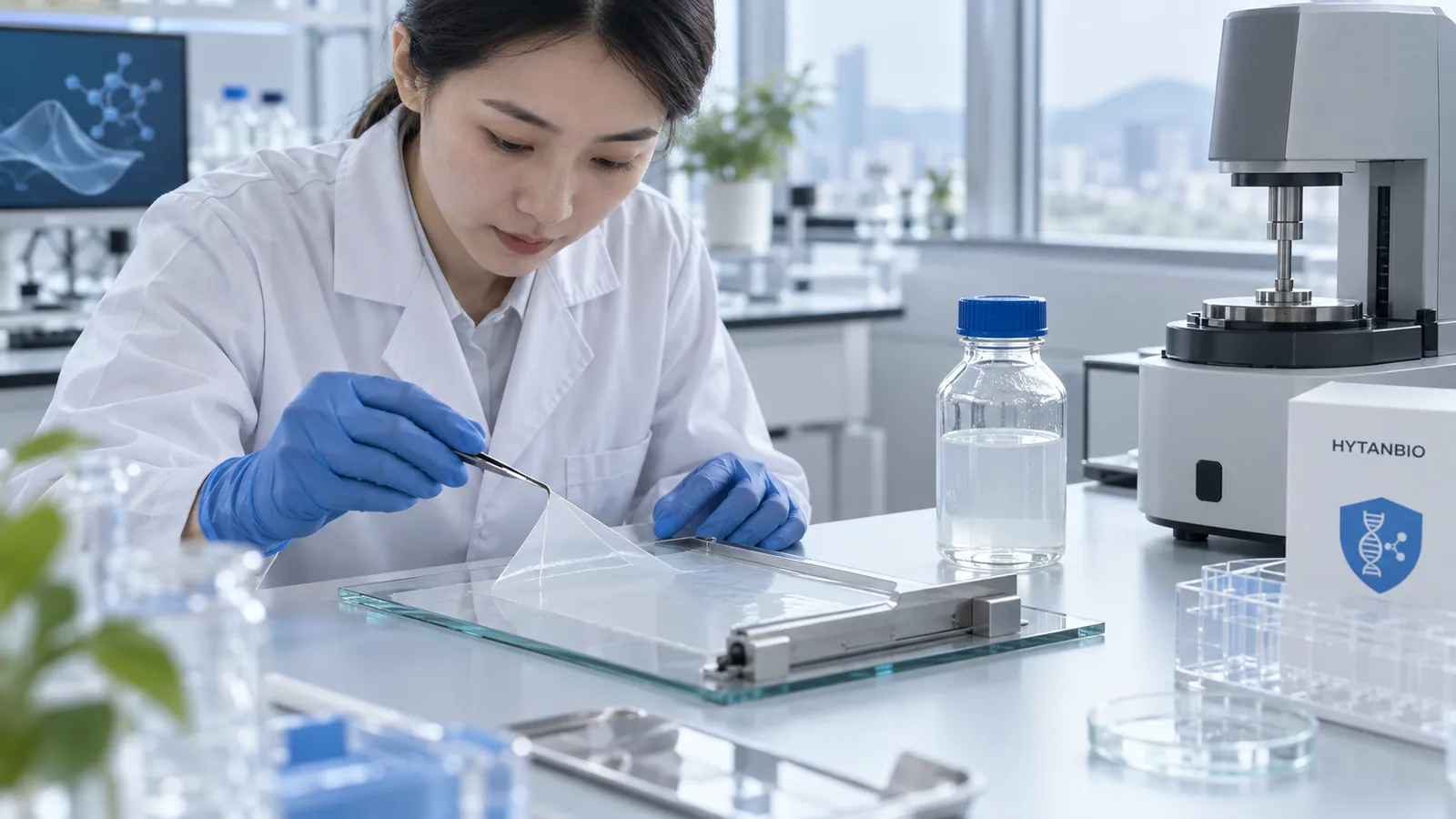 East Asian formulation scientist examining the uniformity of a thin film casting on a laboratory bench