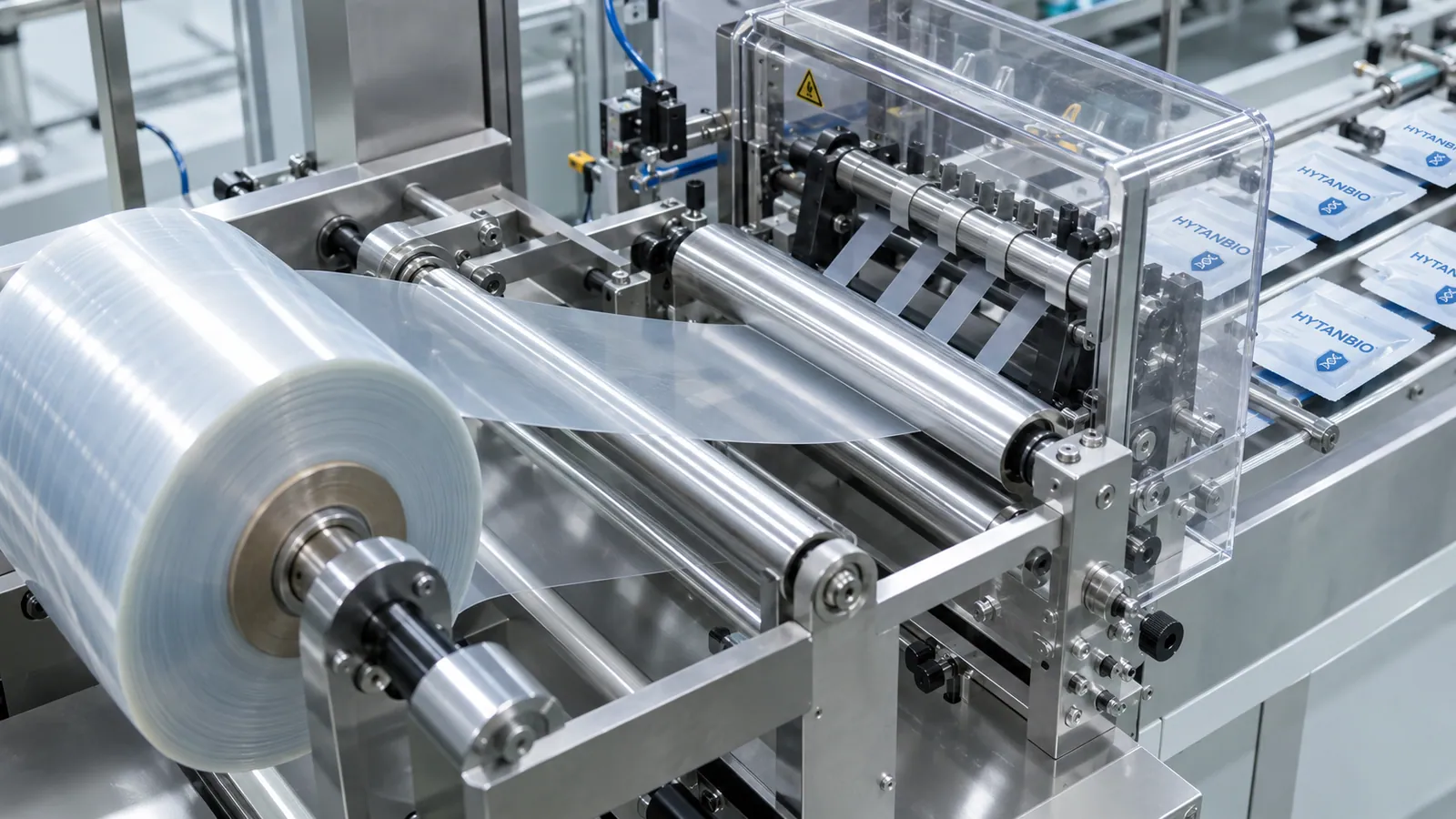 Continuous thin oral-film web moving through stainless-steel production rollers