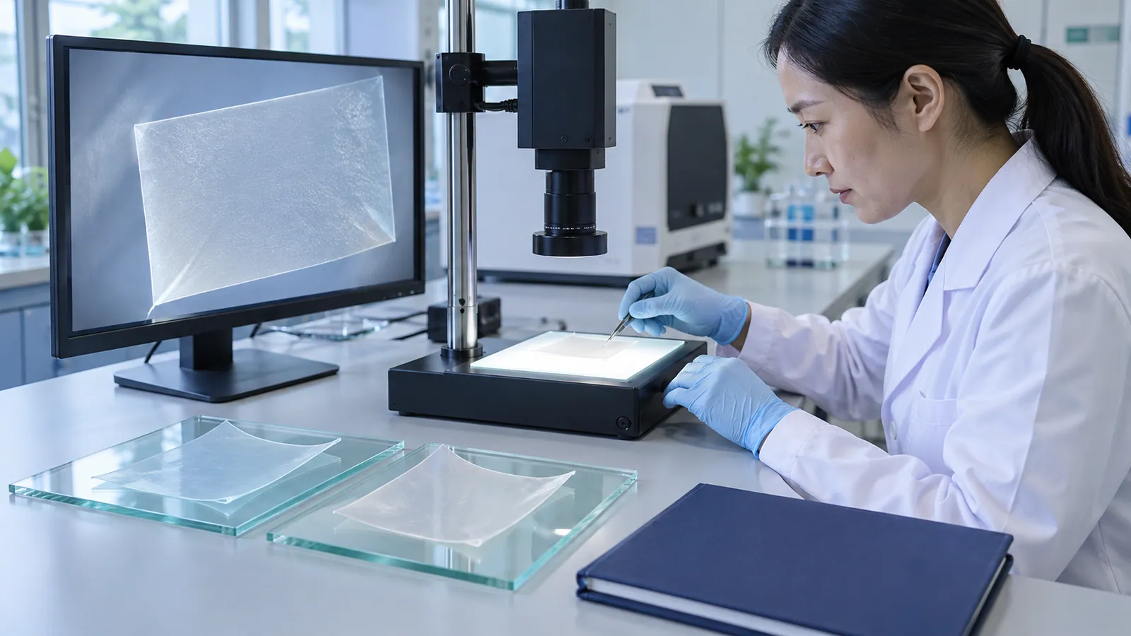 East Asian analyst examining oral-film uniformity at a transmitted-light inspection station
