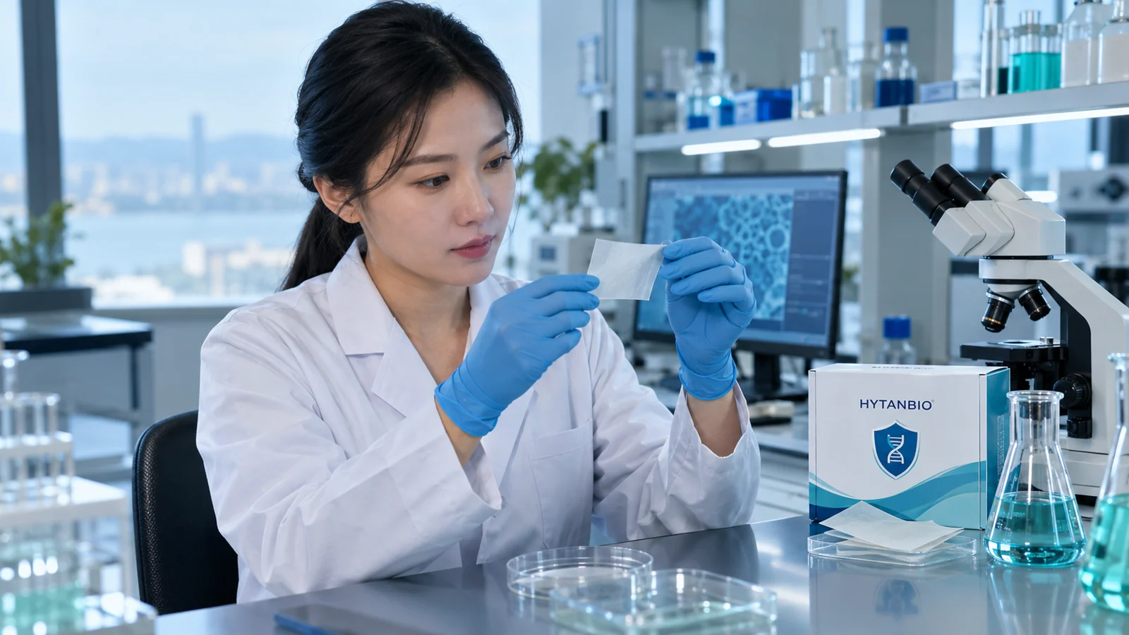 East Asian scientist reviewing population-specific nutrition film formulation, no children using product: scientist view