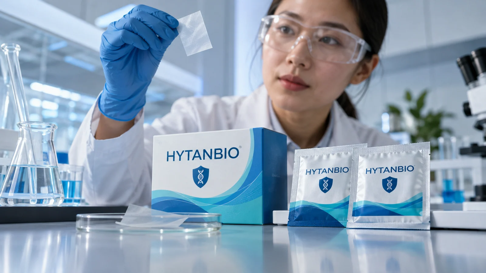 East Asian scientist reviewing population-specific nutrition film formulation, no children using product: packaging view