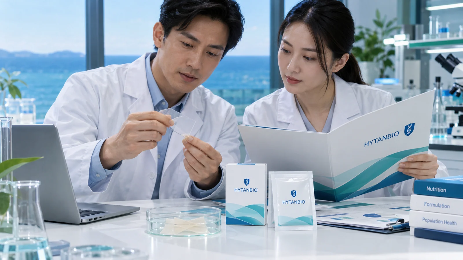 East Asian scientist reviewing population-specific nutrition film formulation, no children using product: collaboration view