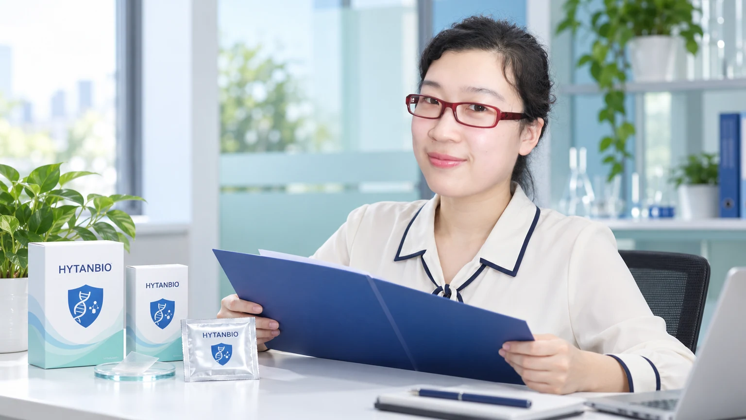 Woman with burgundy rectangular eyeglasses reviewing a project folder beside HYTANBIO oral-film packaging