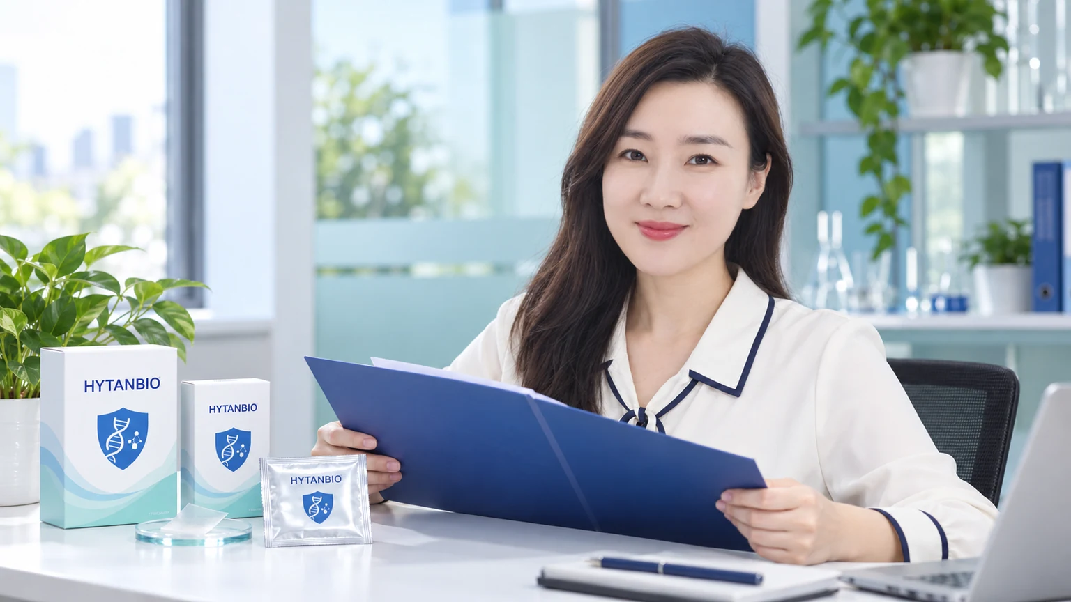 Woman with long dark hair reviewing oral-film packaging at a project desk