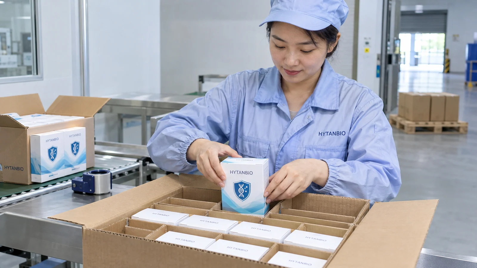 Packing operator placing HYTANBIO oral-film cartons into a shipping case