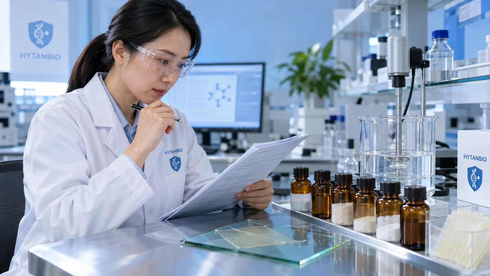 Formulation lead reviewing an oral-film formula dossier in a laboratory
