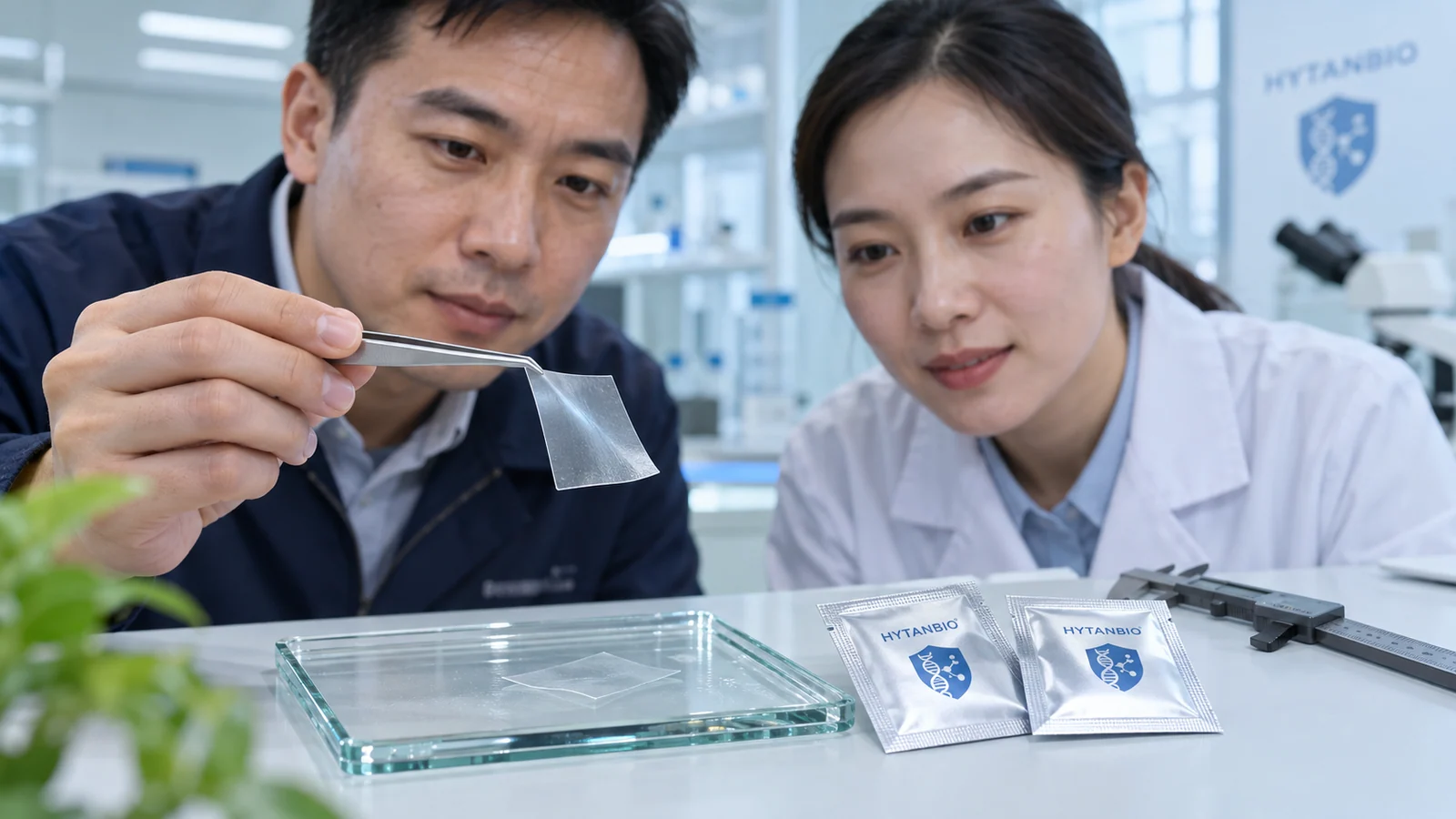 Specialists examining a thin oral-film prototype with tweezers