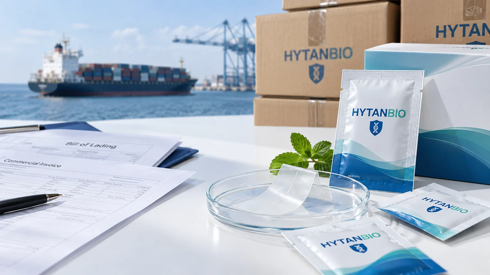 oral film global B2B shipping documents and closed cartons: studio view