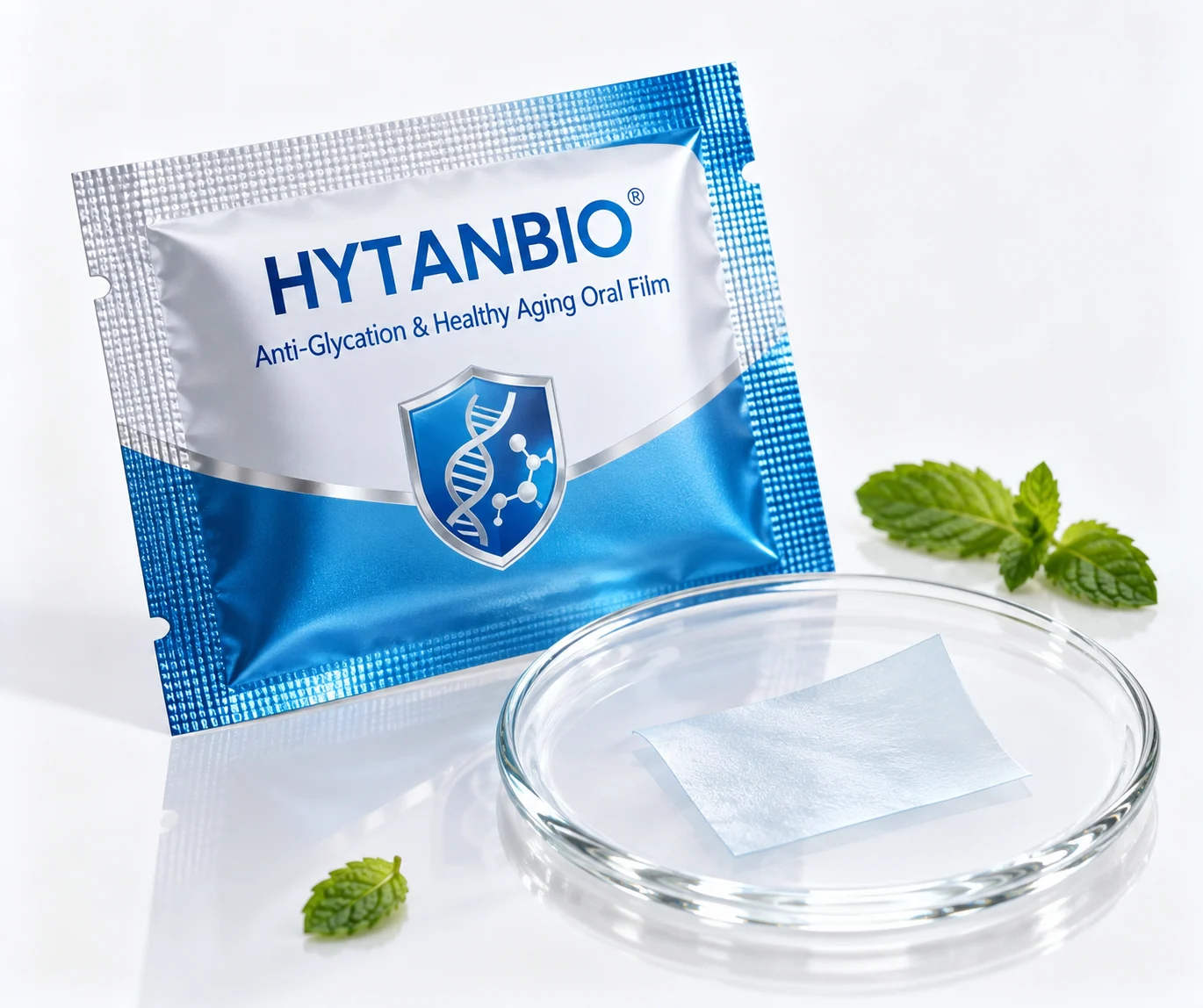 HYTANBIO Anti-Glycation & Healthy Aging Oral Film foil sachet and ultra-thin film