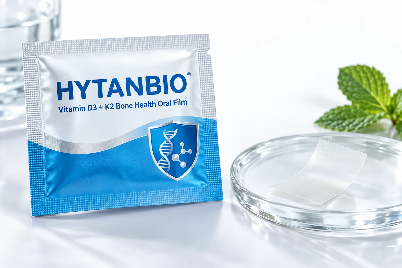 HYTANBIO Vitamin D3 + K2 Bone Health Oral Film foil sachet and ultra-thin film
