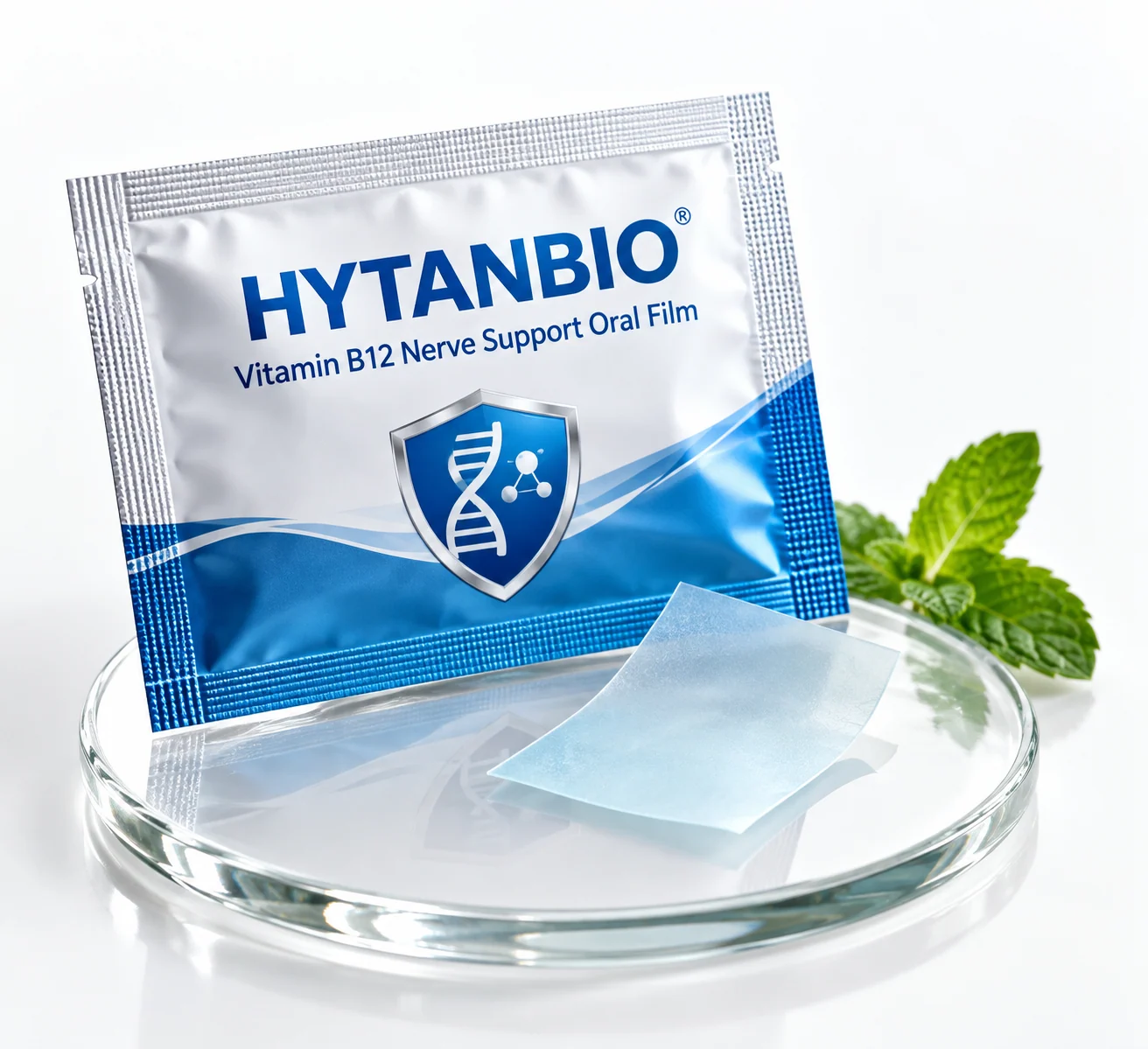 HYTANBIO Vitamin B12 Nerve Support Oral Film foil sachet and ultra-thin film