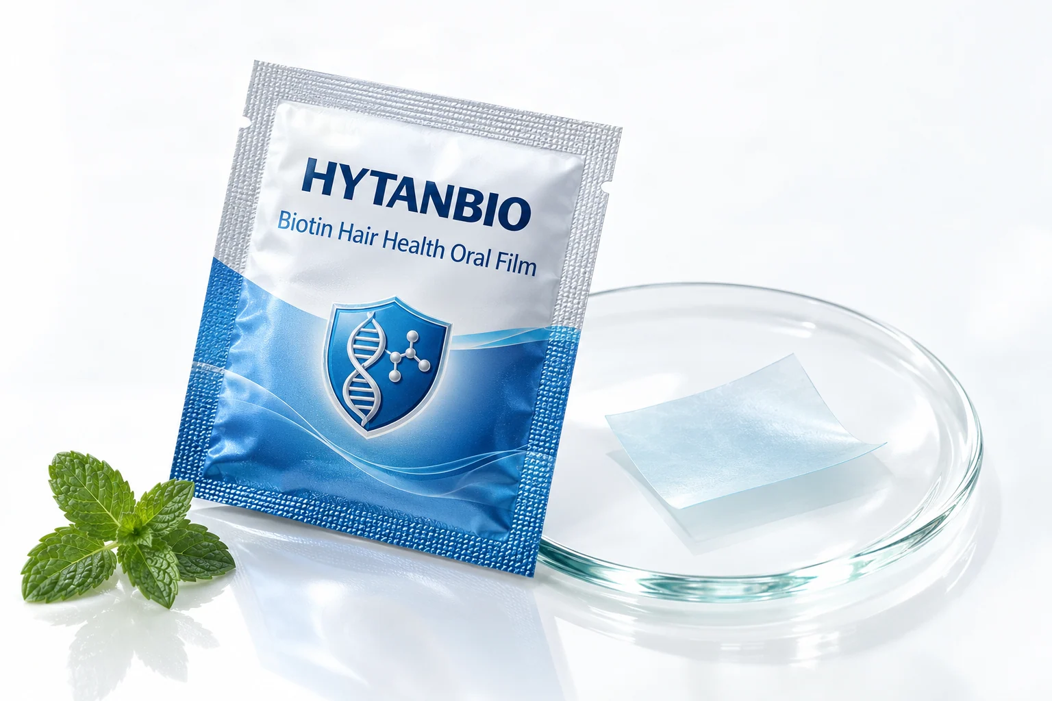 HYTANBIO Biotin Hair Health Oral Film foil sachet and ultra-thin film