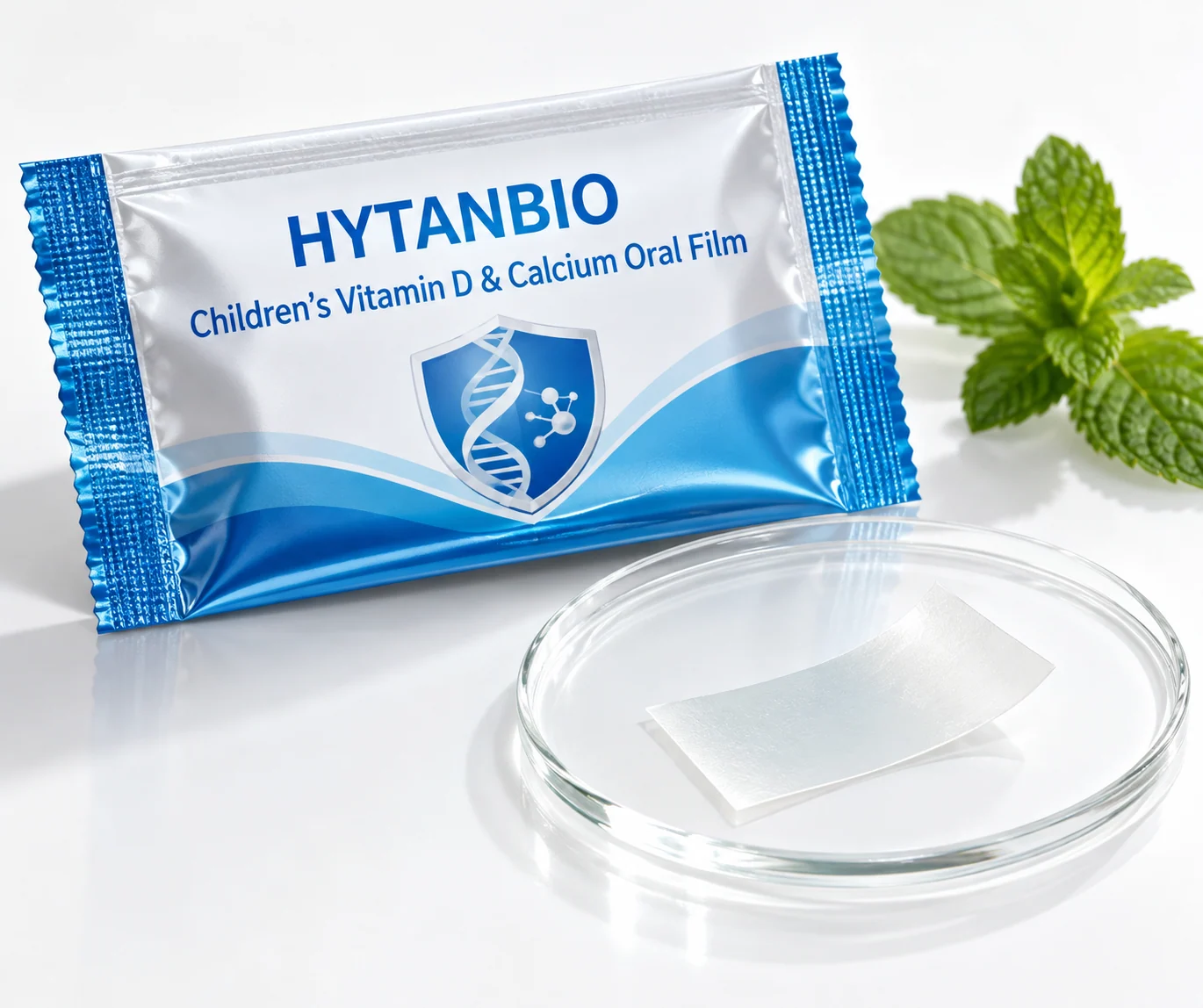 HYTANBIO Children's Vitamin D & Calcium Oral Film foil sachet and ultra-thin film