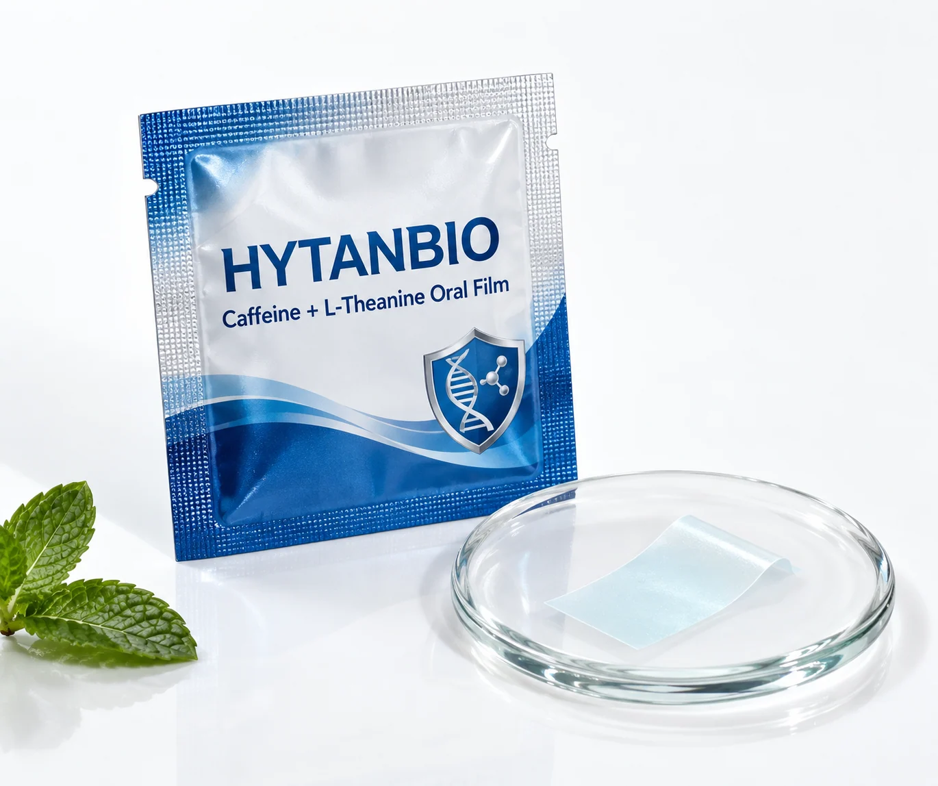 HYTANBIO Caffeine + L-Theanine Oral Film foil sachet and ultra-thin film