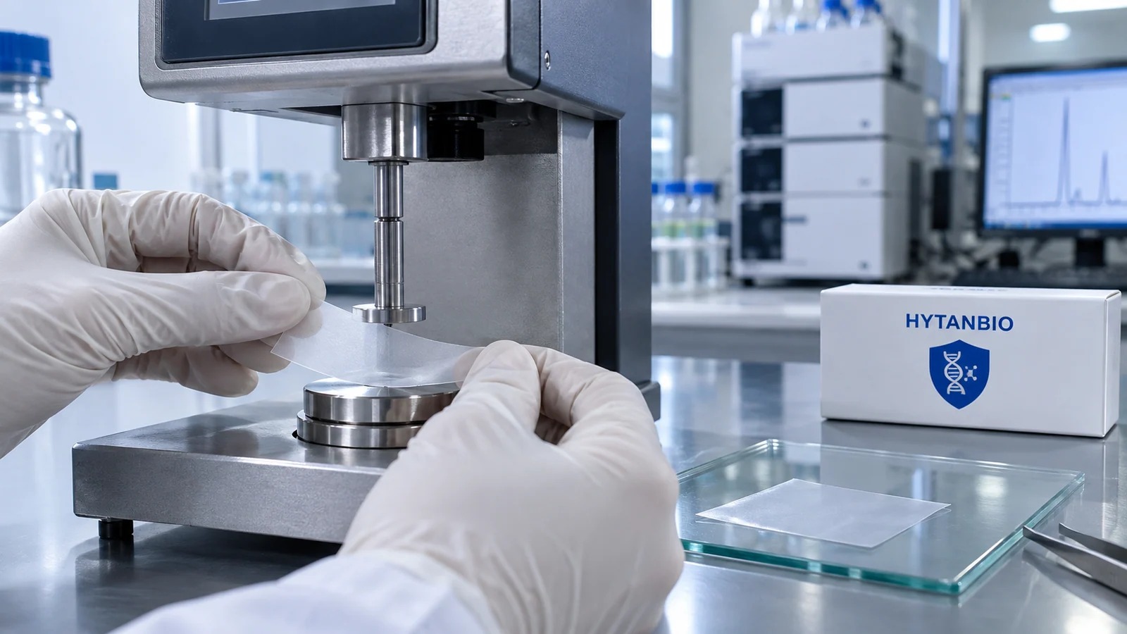 Precision thickness measurement of an ultra-thin oral film beside an analytical laboratory instrument
