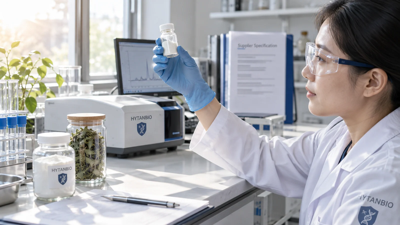 East Asian chemist inspecting sealed ingredient containers at a raw-material identification bench
