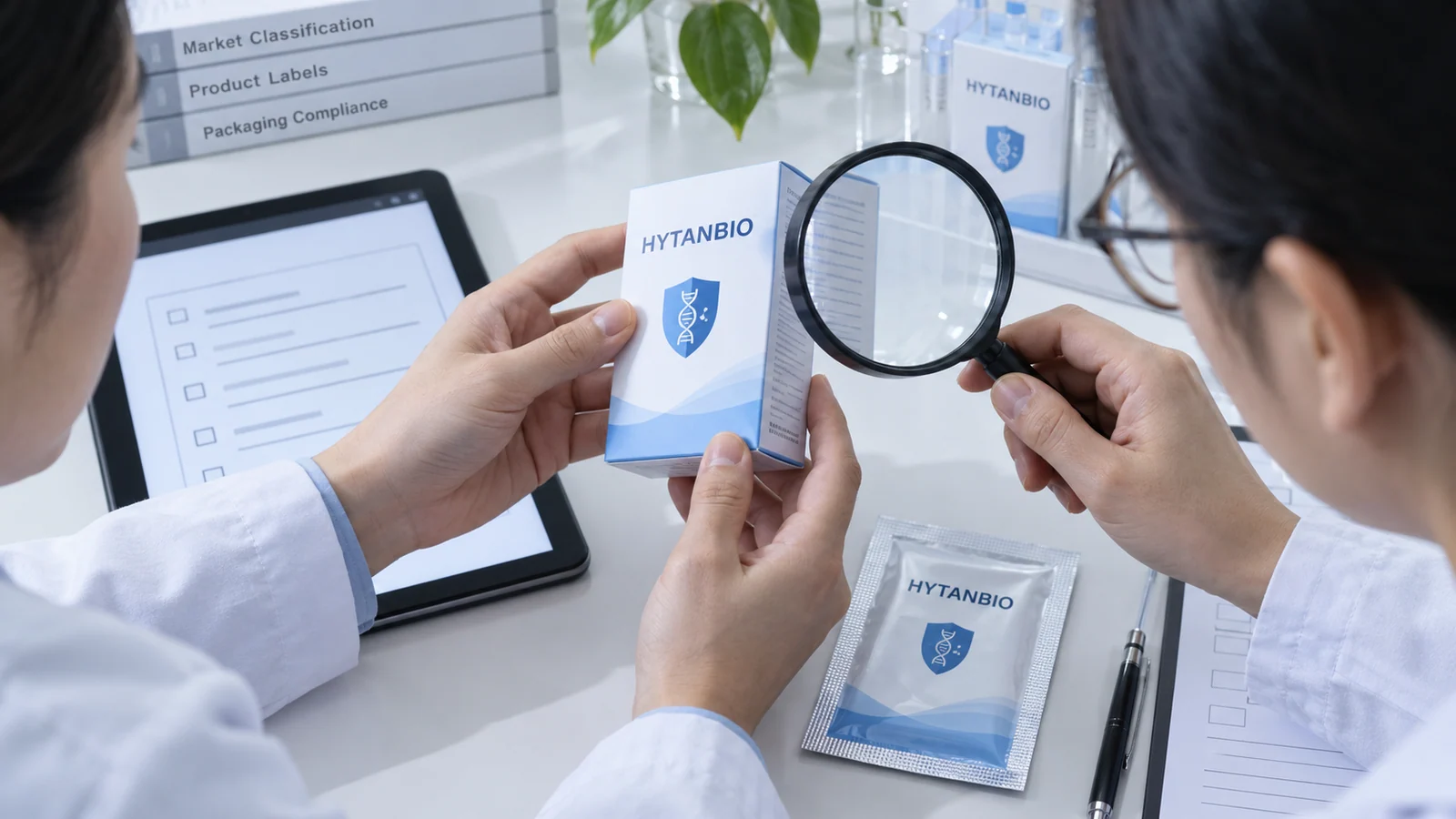 Regulatory reviewers checking HYTANBIO carton and sachet labels against a market-classification checklist