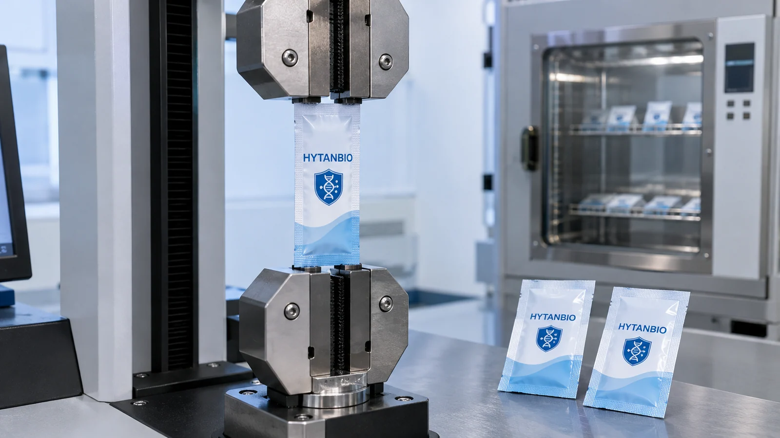 Flat HYTANBIO foil sachet undergoing a packaging seal-integrity test