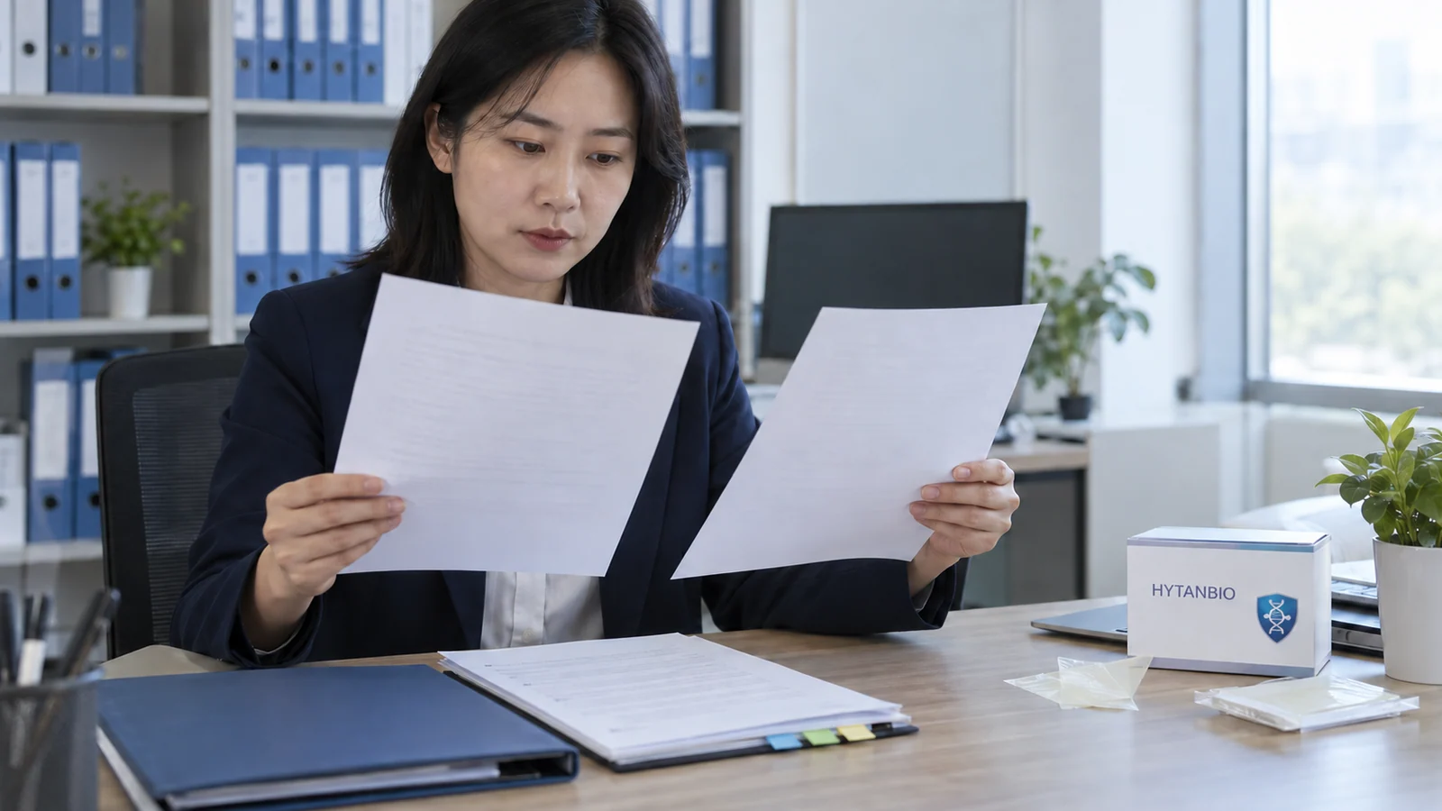 East Asian compliance specialist comparing current scope documents in an organized records workspace