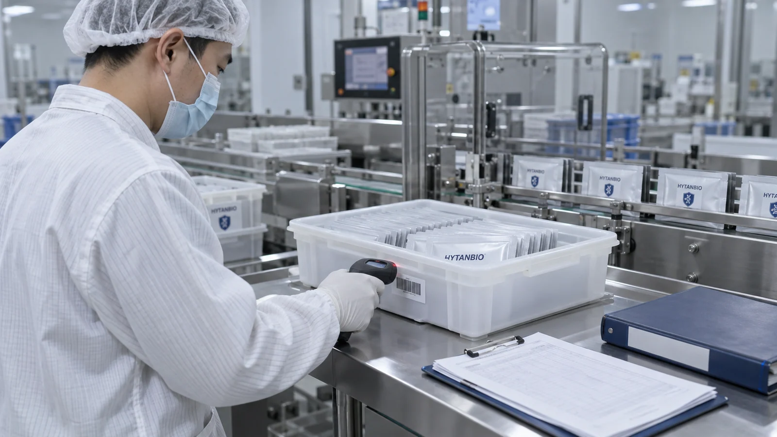 East Asian production operator scanning a batch identifier beside an organized oral-film packing line